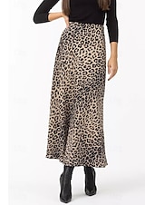 ieftine Fuste grafice-Pentru femei Fustă Casual Maxi Talie Medie Fuste Leopard Imprimeu Micro-elastic Vacanță Stradă Alb Maro Bej Vară Mătase ca satinul
