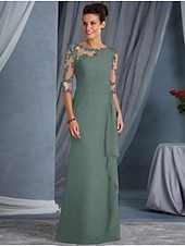 abordables Longueur du plancher-Robe Mère de la mariée A-Line invitée de mariage grande taille Col bateau Longueur maxi Chiffon Dentelle Manche demi avec appliques drapées robe à impressionner 2025 taille personnalisée gratuite