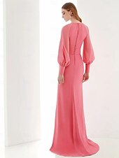 economico Rosa-abito da sera rosa a trapezio elegante abito formale lungo fino al pavimento manica lunga scollo a V in chiffon con volant spacco farfalla 2025