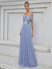 baratos Vestidos para Madrinhas-Linha A Vestido de Madrinha Ombro a Ombro Sem Manga Elegante Longo Tule com Cor Única 2022
