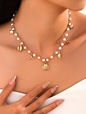 cheap Women&#039;s Necklace-Women&#039;s Pearl Beaded Necklace with Gold Sea Charms – Nautical Beach Jewelry for Summer Vacation and Resort Wear