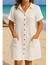 cheap Plain Dress-Women's Mini Dress Shirt Dress Winter Dress Casual Vacation Regular Fit Plain Short Sleeve V Neck Blue Black White Yellow Summer