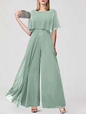 baratos Macacões da mamãe-Jumpsuits para Convidadas de Casamento Elegantes Formais Comprimento Longo Mangas Curtas Decote Joaninha Chiffon com Franjas 2025 tamanho personalizado gratuito