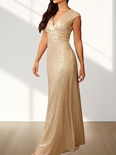 abordables Robes pour invitées de mariage-Robes de Mariée Invité Sirène  Trompette Robe Élégante Invité de Mariage Longueur de Sol Sans Manches Col en V Pailletée avec Paillettes