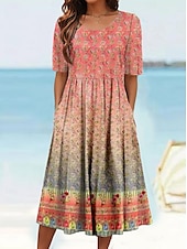 tanie Sukienka boho-Damskie Sukienka midi Letnie sukienki Plisowana sukienka Urlop Codzienny Styl plażowy Codzienny Święto Regularny Kwiaty Graficzny W Tureckie Wzory Krótki rękaw Półgolf Niebieski Pomarańczowy Zielony