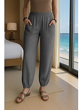 economico Pantaloni in lino e cotone semplici-Per donna Pantaloni in cotone e lino Comfort Lunghezza intera Vita Alta Semplice Tasca Fascia Elastica Comodo All&#039;aperto Confortevole Streetwear Abbigliamento quotidiano Uscire Nero Bianco Blu marino