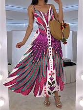 cheap Boho Dress-Women&#039;s Maxi Dress A Line Dress Slip Dress Vacation Casual Boho Going out Beach Regular Fit Floral Graphic Feather Sleeveless V Neck Blue Orange Green Rose Pink Summer Spring