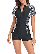 abordables Maillots de bain une pièce-Femmes Maillots de Bain Une Pièce Maillot de bain Zip Up Patchwork Tropical Tenues de plage Fleur Col rond Manches courtes Maillots de bain
