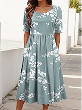 preiswerte Blumenkleid-Damen Midikleid Sommerkleid Faltenkleid Urlaub Lässig Strand Täglich Ferien Normale Passform Blumen Grafik Kurzarm Rundhalsausschnitt Blau Purpur Grün Sommer