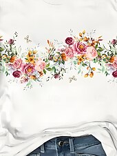 billige Blomster t-skjorte-Dame T skjorte Blomstret Grafisk Planter Stilfull Moderne Fritid Kortermet Crew-hals Rund hals Vanlige topper Daglig Ut på byen Helg Trykt mønster Hvit Sommer Vår