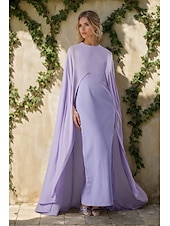 preiswerte lila-Cape Kleid Sheath  Column Abendkleid Elegantes Kleid Formale Hochzeit Bodenlang Ärmellos Rundhalsausschnitt Chiffon