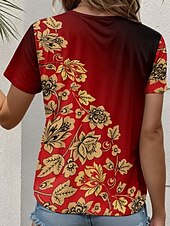 cheap Floral tee-Women&#039;s T Shirt Ombre Floral Graphic Vintage Stylish Basic Short Sleeve Crew Neck V Neck Round Neck Regular Tops Daily Weekend Print Red Summer Spring
