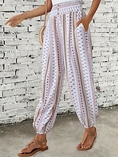 preiswerte weites Bein und hohe Taille-Damen Jogginghose Hosen Hose Urlaub Boho Volle Länge Mittlere Taille Geometrisch Elastischer Bund Atmungsaktiv Bequem Mikroelastisch Straße Alltagskleidung Ausgehen Dunkelbraun Weiß Rot Dunkelgrün