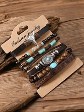 abordables Bijoux pour hommes-Bracelet western en cuir pour homme avec perles et pierres turquoises, motif crâne de vache, style bohème pour un usage décontracté et en extérieur