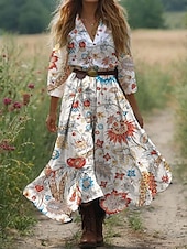 economico Abiti floreali-Per donna Abito Midi Abito a trapezio Vacanza Casual Boho All&#039;aperto Uscire Spiaggia Vestibilità comoda Floreale Grafico Manica 3/4 Scollo a V Rosa Blu Arancione Verde Estate