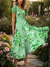 abordables Robes Boho-Femmes Robe maxi Robe Tricot Robe Décontractée Robe trapèze Robe d&#039;été Vacances ancien Ethnique Coupe régulière Fleuri Graphique Géométrique Manche Courte Col carré Col Rond Rose Claire Bleu Vert Ét
