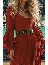 ieftine Rochii Boho-Pentru femei Rochie Mini Rochie Boho Rochie occidentală Modă Clasic Modern În aer liber Concediu Ieșire Fit regulat Simplu Manșon Lung În V Roșu-aprins Vară
