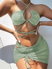 olcso 3 részes bikini szett-Női Fürdőruha Bikini Három darab Fürdőruha Kivágott Tropikus Strandruházat Sima Kötőfék nyaka Ujjatlan Fürdőruhák