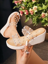 ieftine Sandale cu platformă tip pană-sandale de damă cu diapozitive transparente, cu ornamente de perle – design elegant șic cu toc, încălțăminte confortabilă și elegantă pentru vară, plajă și ieșiri casual