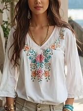 tanie Damskie topy boho-Damskie Bluzka Kwiaty Graficzny Elegancki Codzienny Rękaw 3/4 W serek Zwykłe topy Codzienny Biały Zielony Lato Wiosna