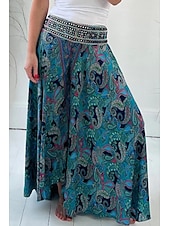 abordables jambe large et taille haute-Femmes Slacks Pantalons Occasionnel Longueur complète Naturel Fleur Taille Élastique Impression Extérieur Confortable Rue Sortir Magenta Vert Été Coupe régulière