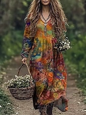 tanie Sukienki boho-Damskie Długa sukienka sukienka maxi Codzienne sukienki Letnie sukienki Sukienka Boho Plemienny Urlop Codzienny Regularny Kwiaty Długi rękaw W serek Czarny Rumiany róż Burgundowy Niebieski Lato