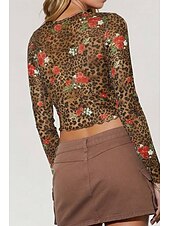 ieftine tricou floral-Pentru femei Tricou Leopard Modern Casual Manșon Lung Stil Nautic Crop Tops Zilnic Ieșire Imprimeu Maro Vară