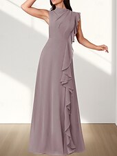 baratos Vestidos para Madrinhas-Vestido de dama de honra em corte A, decote redondo, sem mangas, elegante, longo, chiffon com babados / franzido 2025