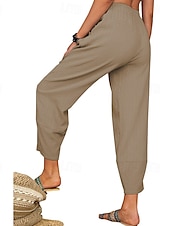 baratos Calça de linho de algodão simples-Mulheres Calças de linho de algodão Calças Roupa de rua Casual Comprimento total Natural Tecido Bolsos Cintura elástica Confortável Para Noite Final de semana Vinho Cinzento Preto Branco Verão Normal