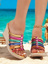 preiswerte Urlaubsandalen-Damen-Keilsandalen mit Plateau und Riemchen in Regenbogen-Metallic, perfekt für Strandpartys und Sommerferien