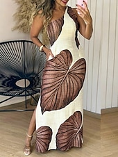 levne Neformální květinové šaty-Dámské Dlouhé šaty Maxi šaty Plášťové šaty Letní šaty Elegantní Dovolená Rande Běžný S lístky Bez rukávů Jedno rameno Rubínově červená Hnědá Léto