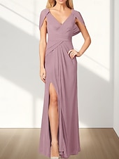 abordables Robes pour invitées de mariage-Robes d&#039;invitée de mariage A-Line Élégante Robe Invitée de mariage Fiançailles Longueur de sol Sans manches Col en V Chiffon Dos drapé avec plis Fente