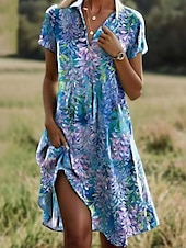 preiswerte Blumenkleid-Damen Minikleid A Linie Kleid Sommerkleid Urlaub Lässig Boho Täglich Normale Passform Blumen Grafik Kurzarm Revers Dunkelbraun Rote Blau Grün Sommer