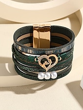 abordables Bracelet pour femme-Bracelet magnétique en similicuir pour femme – Bracelet manchette en alliage avec breloque cœur et perle et texte inspirant, bijou tendance style bohème, idéal pour la fête des mères, les anniversaires et les tenues décontractées.