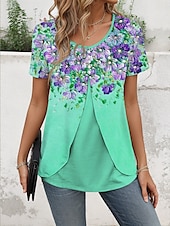 abordables T-shirt floral-Femmes T-shirt Fleuri Graphique Élégant ancien Manche Courte Col ras du cou Hauts Réguliers Quotidien Sortir Patchwork Boutons À Étages Bleu Violet Vert Été Printemps