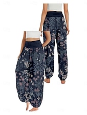 economico Pantaloni in cotone e lino con grafica-Per donna Pantaloni ispirati al lino Gamba larga Pantaloni Stile Etnico Casual Boho Lunghezza intera Vita Alta Floreale Foglia Tropicale Tasca Elastico in vita Stampa Traspirabilità Morbido