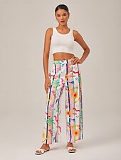 cheap Pants-Tropical Print Wide-Leg Pants