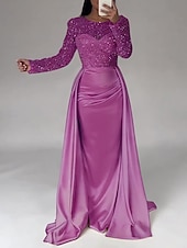 cheap CHAMPAGNE-Mermaid Sequin Evening Gown Ruched Champagne Satin Dress Long Sleeves Masquerade Floor Length Illusion Neck with Pearls Overskirt dress 2025