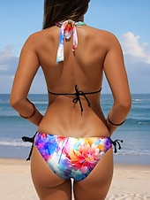 abordables Ensemble de bikinis-Maillots de bain pour femmes Bikini 2 pièces Maillot de bain échancré Dos nu Slim Mode de vacances Plage Imprimé floral Col en V Sans manches Maillots de bain