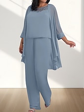 billige Gulvlengde-Jumpsuit  Buksedress 3 Delt Mor til bruden Kjole Bryllupsgjest Elegant Ledig Rund Utringning Gulvlengde Chiffon 3/4 Lengde Ermer med Perleapplikasjoner