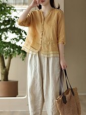 cheap Shirts-Women&#039;s Shirt Solid Color Basic Casual 3/4 Length Sleeve Shirt Collar Regular Tops Daily Mesh Patchwork Buttons White Yellow Pink Purple Summer