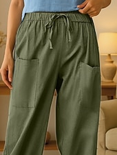 economico Pantaloni in lino e cotone semplici-Per donna Pantaloni in cotone e lino Comfort Chino Lungo Vita Alta Semplice Elastico in vita Fibbia Comodo All&#039;aperto Confortevole Streetwear Abbigliamento quotidiano Uscire Verde militare Estate