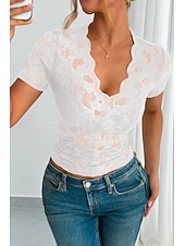 abordables Hauts en dentelle-Femmes Chemisier Hauts en dentelle Uni Élégant Moderne Manche Courte Col en V Hauts Réguliers Fête Sortir Dentelle Noir Blanche Vert Été