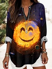 economico Top d&#039;Arte e Design per Donne-Galaxy Smile di Vincent Hie Blusa da Donna Maniche Lunghe Tunica Tops Graphic Geometrico Vintage Giornaliero A V Regular Tops Stampa Giornaliera Gialla Estate Primavera
