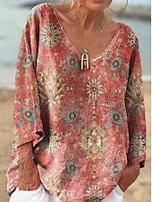 billige Blomstrete topper-Dame Bluse Blomstret Grafisk Geometrisk Stilfull Fritid Langermet 3/4 ermer V-hals Vanlige topper Daglig Blå Lilla Oransje Grønn Sommer Vår
