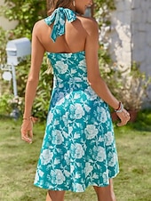 abordables Robes fleuries-Femmes Mini Robe Robe trapèze Robe dos nu Vacances Occasionnel Boho Extérieur Sortir Plage Coupe régulière Fleuri Sans manches Col Halter Jaune Rouge Bleu Vert Été