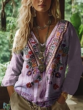 billige Kvinne Boho Topper-Dame Bluse Blomstret Grafisk Paisly Bohem Årgang Tropisk 3/4 ermer V-hals Vanlige topper Rynket Trykt mønster Lilla Grønn Sommer Vår