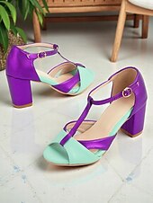 abordables Années 1950-Sandales à talons épais vert menthe et violet pour femmes, avec brides en T – Chaussures habillées de style rétro des années 1950 pour des événements d&#039;été élégants