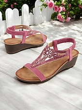 abordables Sandales compensées-Sandales compensées roses à brides en T pour femmes avec strass – Chaussures d'été élégantes pour les garden-parties et au quotidien