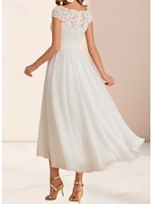 cheap Wedding Dresses-Engagement Little White Dresses Wedding Dresses A-Line Boat Neck Regular Straps Asymmetrical Chiffon Bridal Gowns With Pleats Ruched